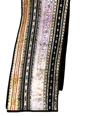 Silk Cotton Indian Table Runner Floral Striped Black Silver Gold Lined 14 x 70" - Image 1 of 4