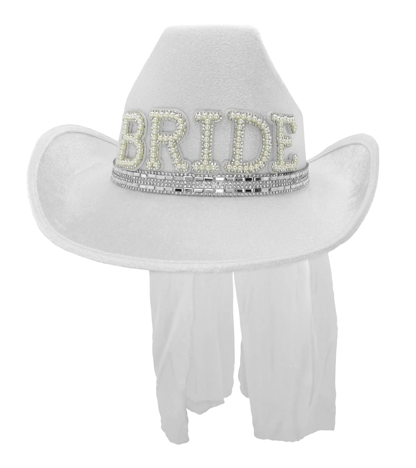 Fun Bachelorette Bride To Be Cowboy Cowgirl Hat With Veil Rodeo Party Prop - Image 1 of 1