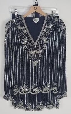 Vintage Judith Ann Creations Sz. S Sequin & Silk 3 Piece Navy & Silver Skirt Set - Image 1 of 4