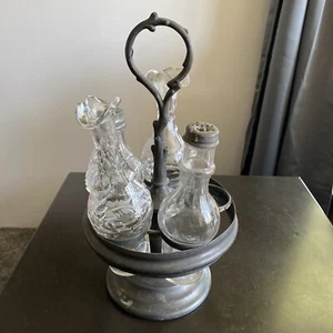 Antique Pewter Cruet Set 4 Piece Glass Condiment & Swivel Holder - Picture 1 of 19