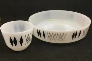 Atomic Harlequin Milk Glass Bowls Federal Glass Black Gold Design - Picture 1 of 17