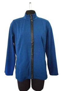 Weekends By Chicos Full Zip Jacket Size 3 XL Teal Blue Black Faux Leather Trim - Picture 1 of 7
