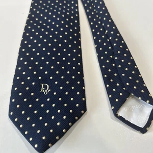 Christian Dior Vintage Blue Polka Dot Logo Classic Narrow Neck Tie Silk Blend - Picture 1 of 8