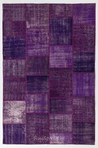 Handmade Patchwork Rug. Contemporary Turkish Wool Carpet in Shades of Purple - Picture 1 of 5