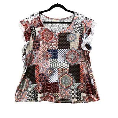 Bobbie & Brooks Plus 1X 女式上衣拼布波西米亚钩针花边飘动袖 — 第 1/4 张图片