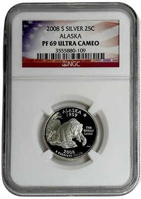 2008 S Silver 25c USA Alaska State Quarter AK Proof Coin NGC PF 69 UC - Image 1 of 2