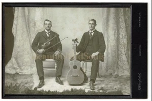 Antique Cabinet Card Photograph Handsome Twin Bothers Guitar Fiddle Newark OH - Picture 1 of 14