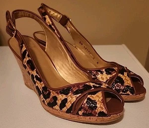 Women's Size 8 Stuart Weitzman Leopard Print Raffia Sling Back Peep Toe Wedges - Picture 1 of 8