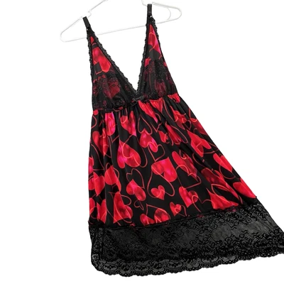 Red Black Lace Heart Chemise XL Babydoll Slip Dress Y2K Smart Sexy Bow - Image 1 of 4