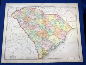 1898 Color Map SOUTH CAROLINA Rand McNally 28" x 21.5" Colored Counties - Picture 1 of 24