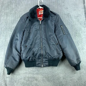 Vintage Dickies Bomber Jacket Size Medium Navy Satin Faux Fur Collar USA Made - Picture 1 of 12