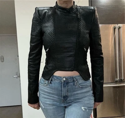 BCBG MAX AZARIA Leather Jacket Cropped Textured Moto High-Low Asymmetric Gift - Image 1 of 4