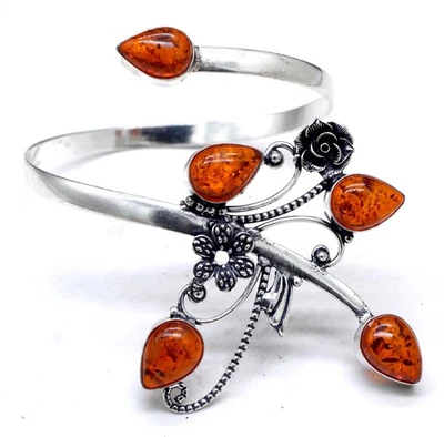 Bracelete ajustável de prata esterlina 925 com pedra preciosa âmbar do Báltico - Imagem 1 de 4