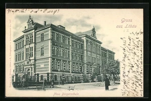 Löbau i. S., Neue Bürgerschule mit Strassenpartie, Ansichtskarte 1900  - Picture 1 of 2