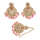 New Bridal Maang Tikka Earrings Set Pearl Kundan Gold Tone Pink Indian Jewelry