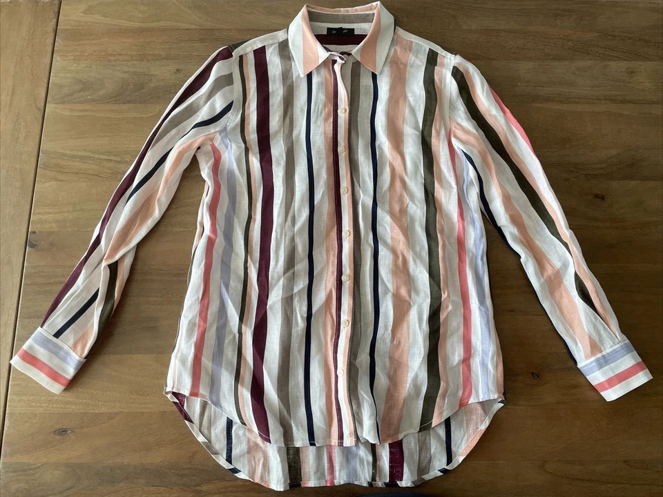 Camisa Lord & Taylor 100 % lino para mujer a rayas pastel abotonada de gran tamaño pequeña Foto 1 de 4