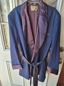Vintage Elegant Jackard Silk David Alan Men's Smoking Jacket. Navy Purple , Sash - Picture 1 of 5