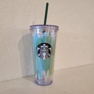 W@W! Starbucks 20 oz Tumbler 2016 Blue Green Paint Strokes w/ Lid + Straw  - Picture 1 of 8