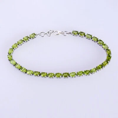 Solid 925 Sterling Silver Green Peridot Gemstone Women Wedding Bracelet Jewelry - Image 1 of 4