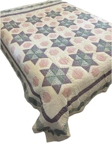Vintage handgestückelter Futtersack SIX POINT STAR Steppdecke 101x90 rosa lila makellos - Bild 1 von 10