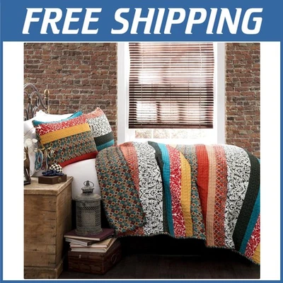 Juego de edredón de algodón a rayas boho, king - turquesa y mandarina Foto 1 de 4