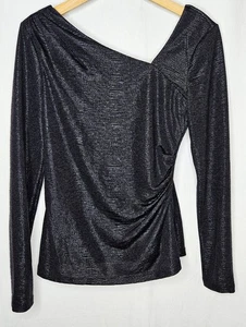 Neu mit Etikett Halogen schwarz glänzend drapierter Ausschnitt gerafftes Langarm-Top Small gefüttert - Bild 1 von 8
