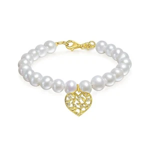 14K Yellow Gold Freshwater Pearl Bracelet with 0.12ct Moissanite - Perfect Gift - Picture 1 of 13