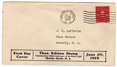 #654 Electric Light Edison 1929 FDC - Planty #39 Rothblum - Image 1 of 2