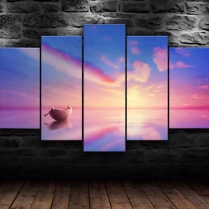 Sunset Sea Boat Artistic Nature Beauty 5 Piece Canvas Wall Art Print Home Decor - Picture 1 of 5