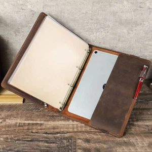 Genuine Leather Portfolio A4 Notebook Cover File Folder Executive Organizer Case - Picture 1 of 11