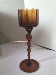 VNTG AMBER BLOWN OPTIC RIBBED GLASS CANDLE HOLDER WITH TWISTED STEM, 13" EMPOLI? - Picture 1 of 5
