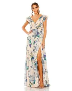 Mac Duggal Pink Multi Floral Flutter Sleeve Chiffon Gown Size 6 $498 - Picture 1 of 3