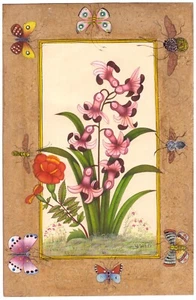 Handmade Flower Painting Of Beautiful Flower & Moths Fine Art On Paper 6x9 Inch - Picture 1 of 6