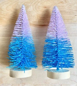 New Mini 4” Glittered Pink & Blue Two Tone Bottle Brush Christmas Tree Set of 2 - Picture 1 of 5