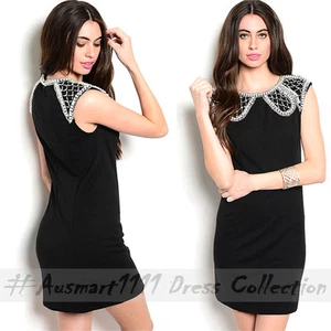 Sleeveless Mini Black Stretch Bodice Party Dress Round Neckline Pearl Rhinestone - Picture 1 of 3