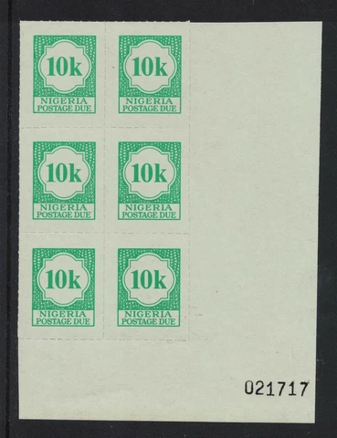 1987 Nigeria 10k Green Postage Due Corner Blk of 6 Rouletted SGD14a U/M  (171)D Cover