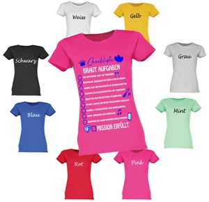 CHECKLISTE BRAUT AUFGABEN JGA JUNGGESELLINNENABSCHIED T-SHIRT FUNSHIRT DAMEN - Bild 1 von 13