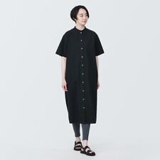MUJI Womens 100% Organic Cotton Stand Collar Half Sleeve Dress Black US:L