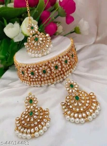 Indian Bollywood Gold Plated Kundan Choker Bridal Necklace Earrings Jewelry Set - Picture 1 of 6