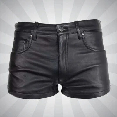 Pantalones Cortos de Cuero Negros Informales 5 Bolsillos Cremallera Mosca Cuero de Vaca Gimnasio Para Hombre Foto 1 de 4