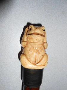 Carved Bone Frog "Glass Eyes" Wood 35 1/2" Cane - Picture 1 of 17