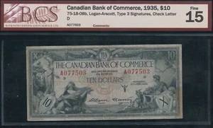Canadian Bank of Commerce $10, 1935 - CH 75-18-08b. BCS Fine 15. S/N: A077503/D - Picture 1 of 2