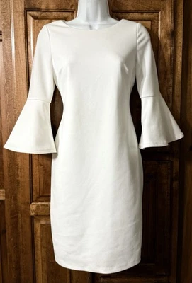 Calvin Klein Women’s Cream Colored Double Layered Dress Bell Sleeved Size 4P - Image 1 of 3