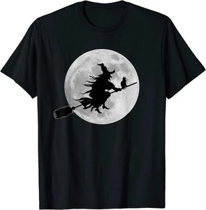 ¡NUEVO! Camiseta Flying Witch On Broomstick Halloween Luna Llena Gato Negro / HECHA EN EE. UU. - Imagen 1 de 3