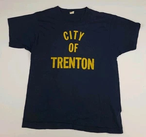 T-shirt vintage anni 80 stampa City of Trenton Michigan USA anni 80 giallo navy indossata - Foto 1 di 5