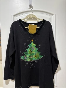 Vintage Quacker Factory Knit Christmas Tree Sweater Black Beaded V-neck Sz.2 NWT - Picture 1 of 23