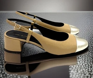 TORY BURCH SLINGBACK PUMP 45MM CAP-TOE GINGER SHORTBREAD SPARK GOLD SZ US 9 NIB - Picture 1 of 12