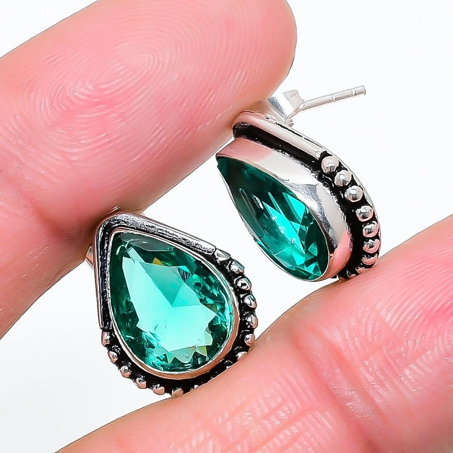Mint Tourmaline Gemstone Sterling Silver Jewelry Stud Earring Size 0.75" - Image 1 of 1