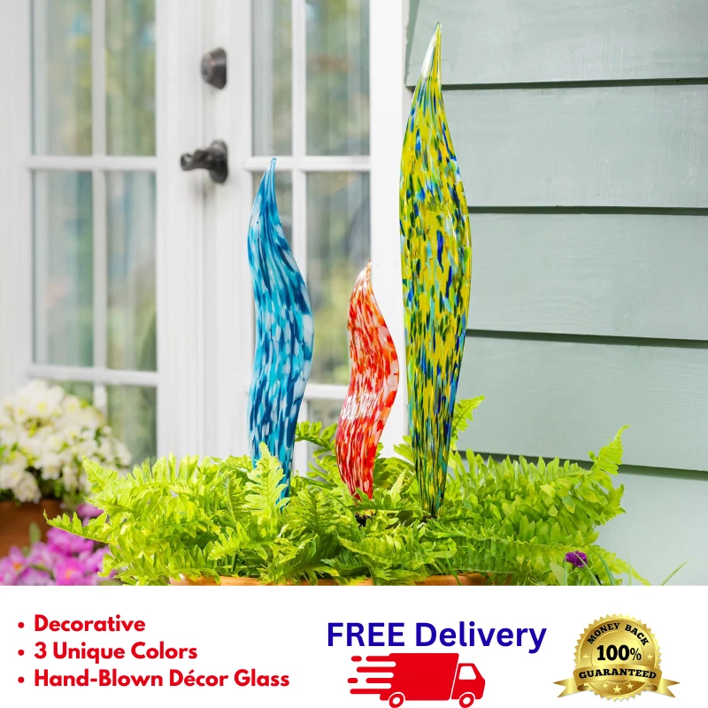 Juego de 3 estacas de jardín de vidrio sopladas a mano estacas de metal coloridas decoración de patio Foto 1 de 4