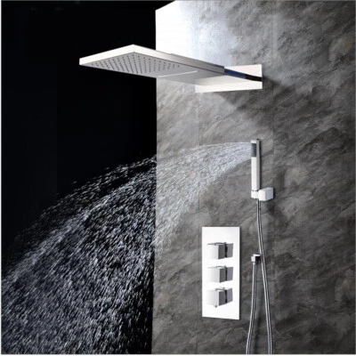 Set rubinetto doccia cromato testa rettangolare beccuccio pioggia rubinetto miscelatore spruzzatore manuale - Immagine 1 di 4